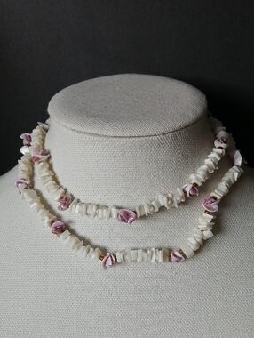Vintage Handmade White Puka Shell Chips with Pink Lilac Shell Accents Necklace